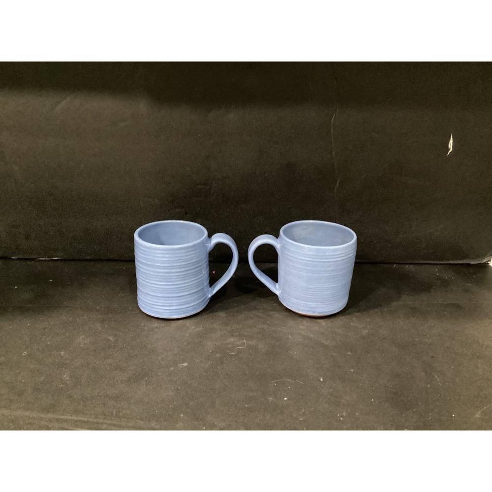 Studio Pottery Art Handcrafted Signed Alahas Blue Ribbed Mugs Set Of 2